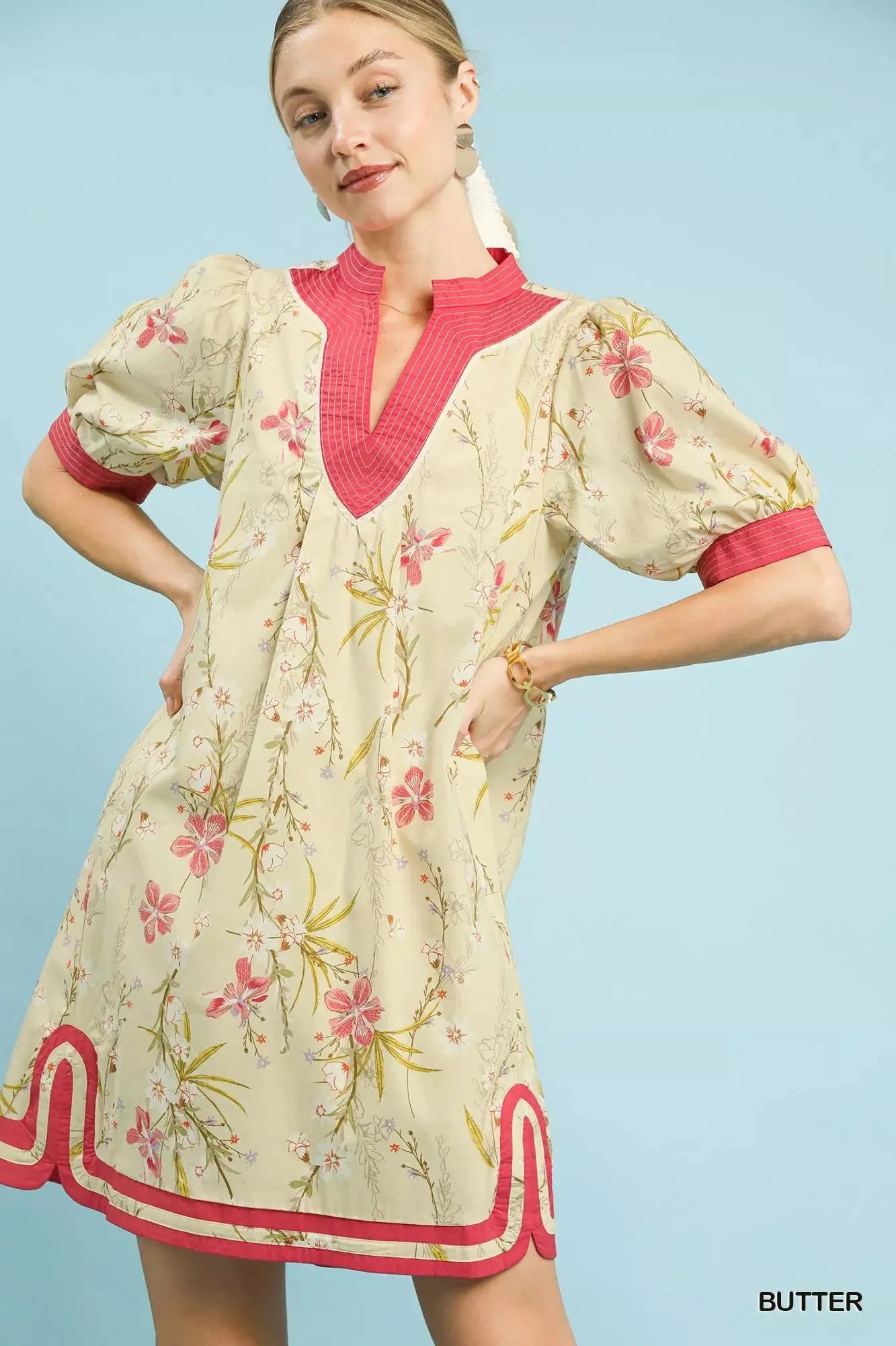 Umgee Floral Puff Sleeve Dress with Contrast Trim  Style Ratio