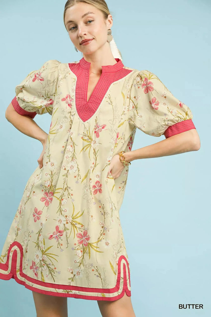 Umgee Floral Puff Sleeve Dress with Contrast Trim  Style Ratio