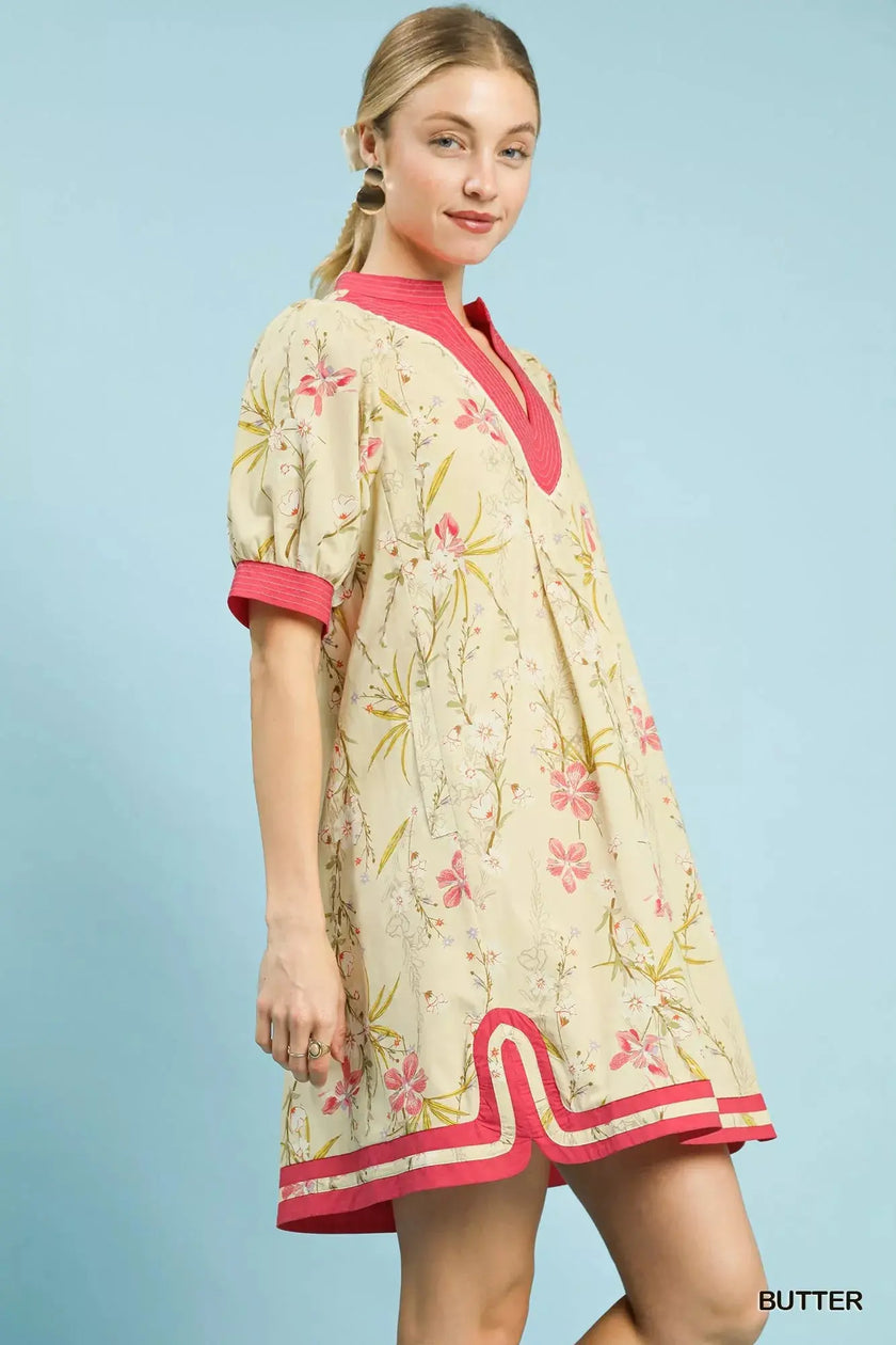 Umgee Floral Puff Sleeve Dress with Contrast Trim  Style Ratio