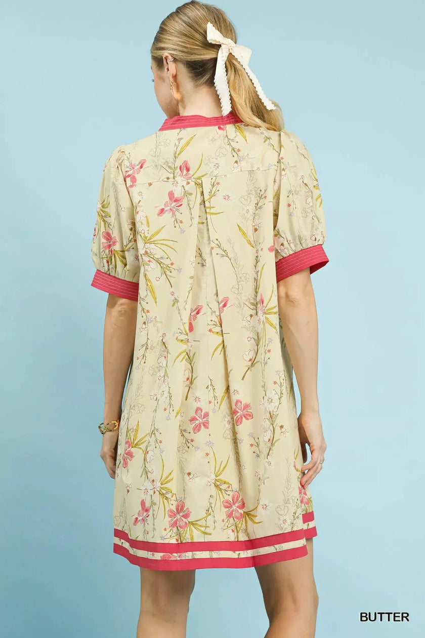 Umgee Floral Puff Sleeve Dress with Contrast Trim  Style Ratio