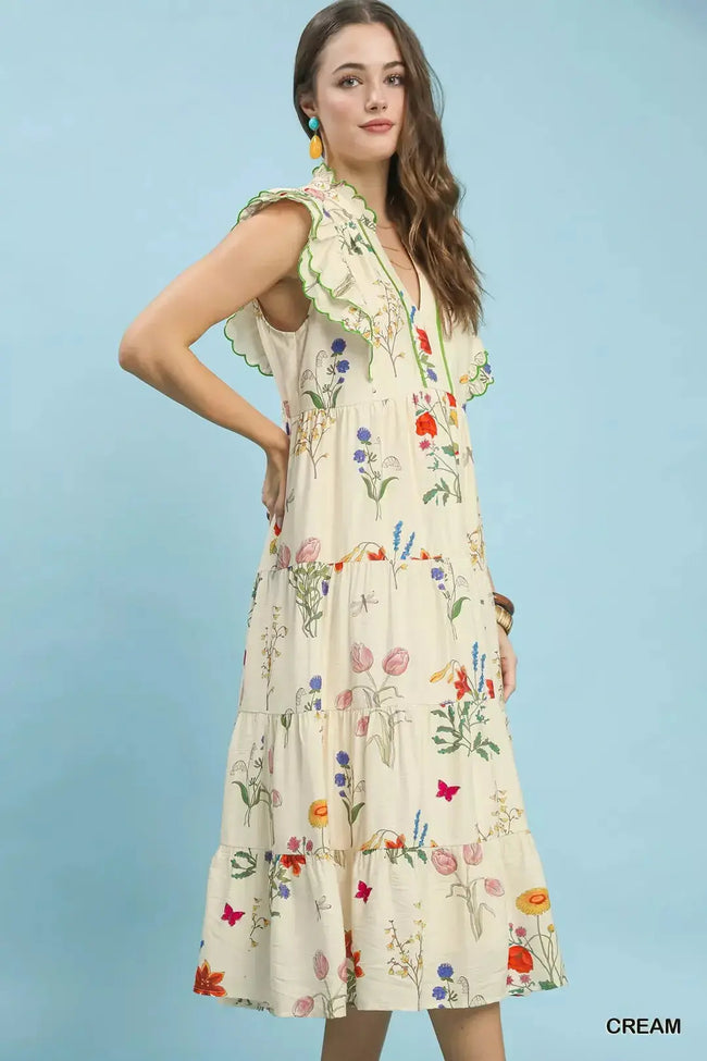 Umgee Floral Ruffle Tiered Midi Dress with Scalloped Detail  Style Ratio