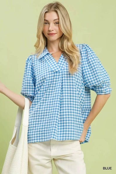 Umgee Gingham Puff Sleeve Collared Blouse  Style Ratio