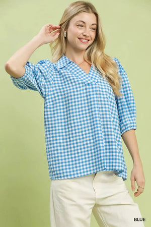 Umgee Gingham Puff Sleeve Collared Blouse  Style Ratio