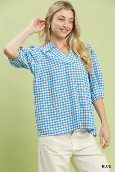 Umgee Gingham Puff Sleeve Collared Blouse  Style Ratio