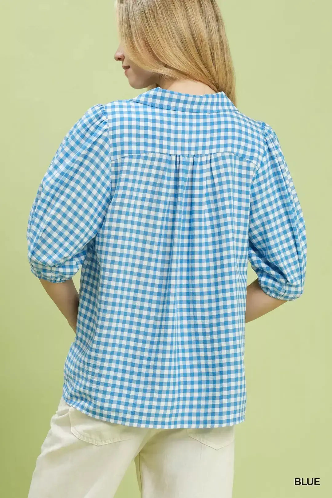 Umgee Gingham Puff Sleeve Collared Blouse  Style Ratio