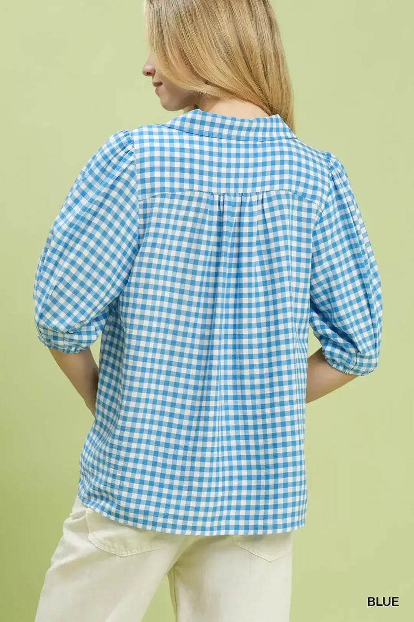 Umgee Gingham Puff Sleeve Collared Blouse  Style Ratio