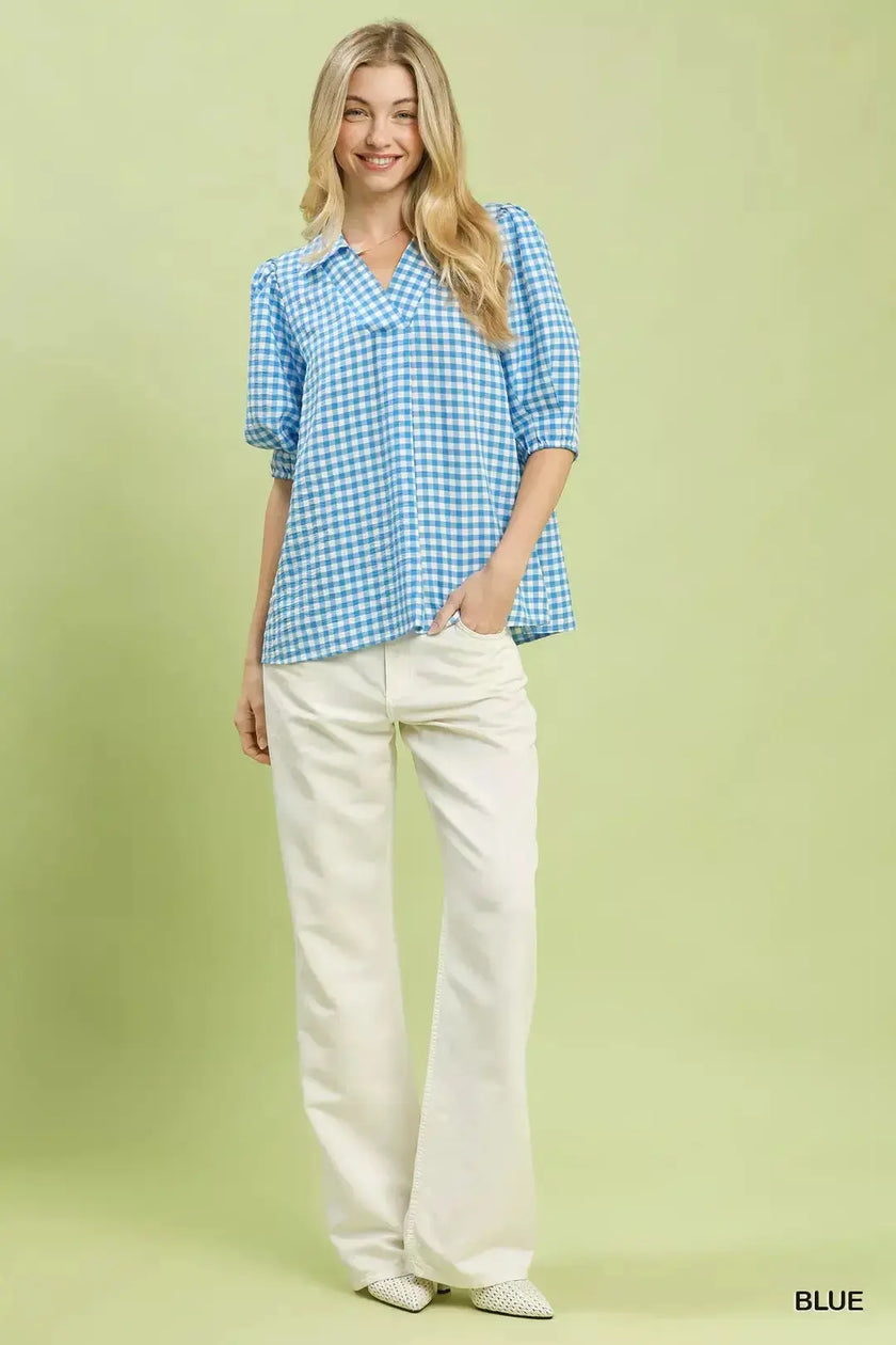 Umgee Gingham Puff Sleeve Collared Blouse  Style Ratio