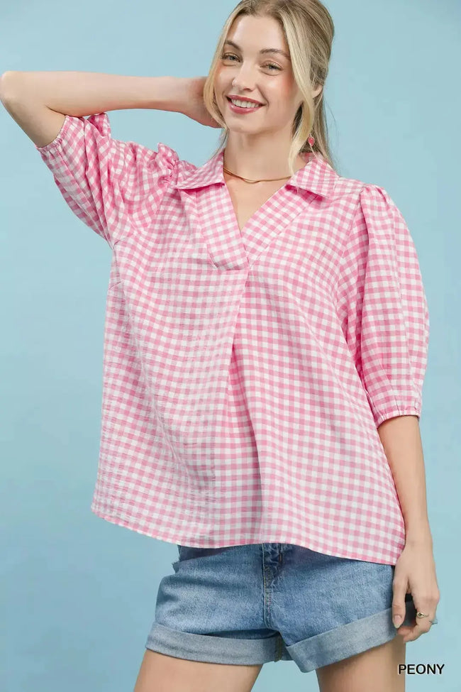 Umgee Gingham Puff Sleeve Collared Blouse  Style Ratio