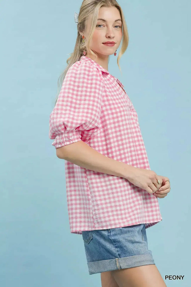 Umgee Gingham Puff Sleeve Collared Blouse  Style Ratio