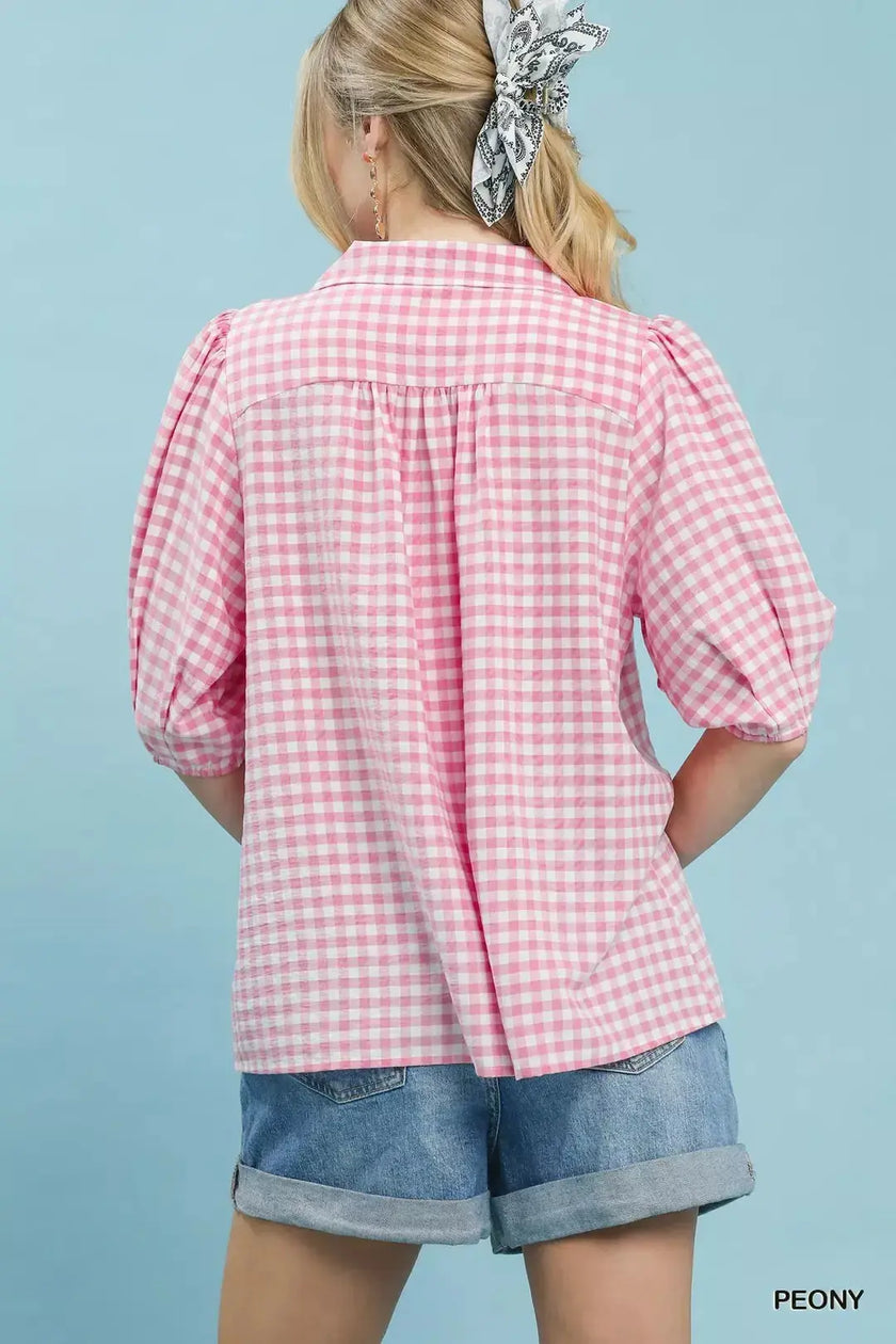 Umgee Gingham Puff Sleeve Collared Blouse  Style Ratio