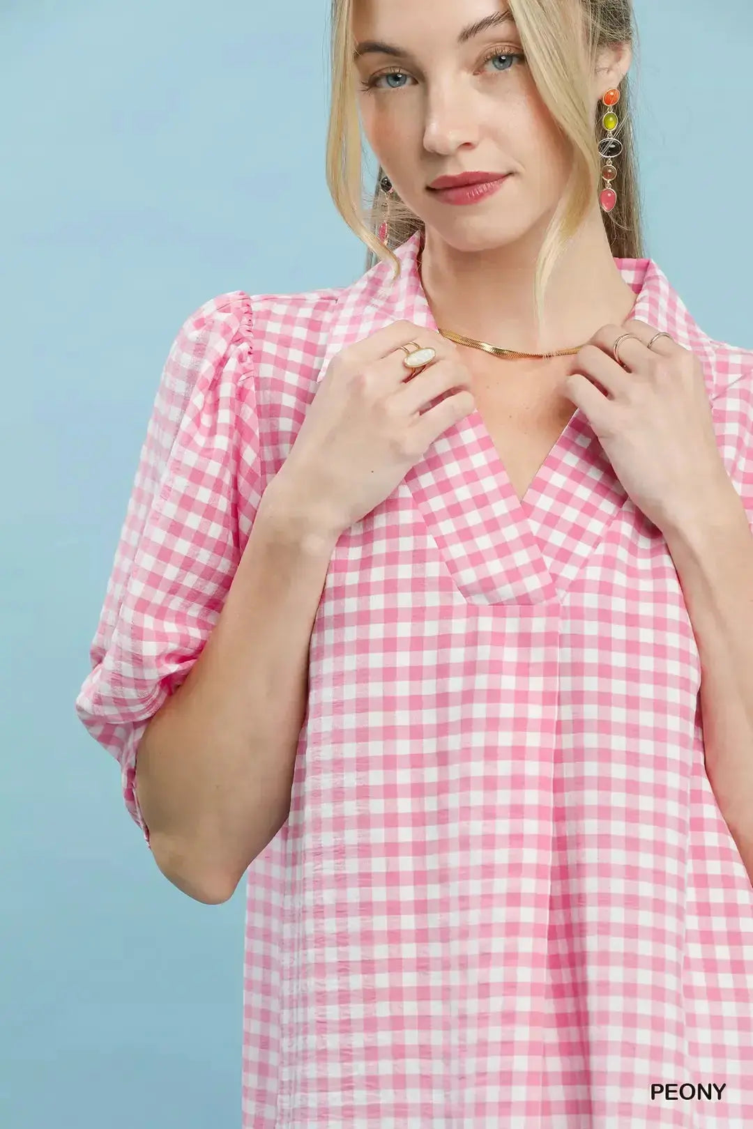 Umgee Gingham Puff Sleeve Collared Blouse  Style Ratio