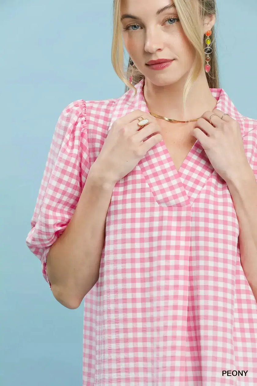 Umgee Gingham Puff Sleeve Collared Blouse  Style Ratio