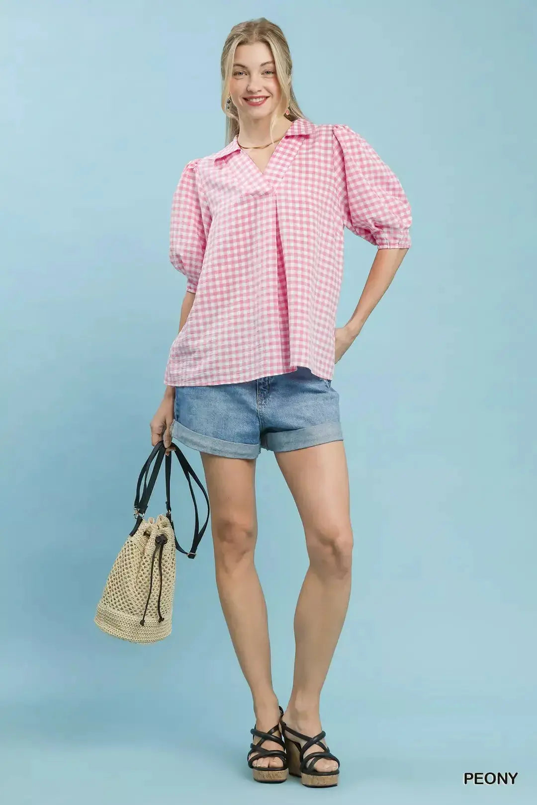 Umgee Gingham Puff Sleeve Collared Blouse  Style Ratio
