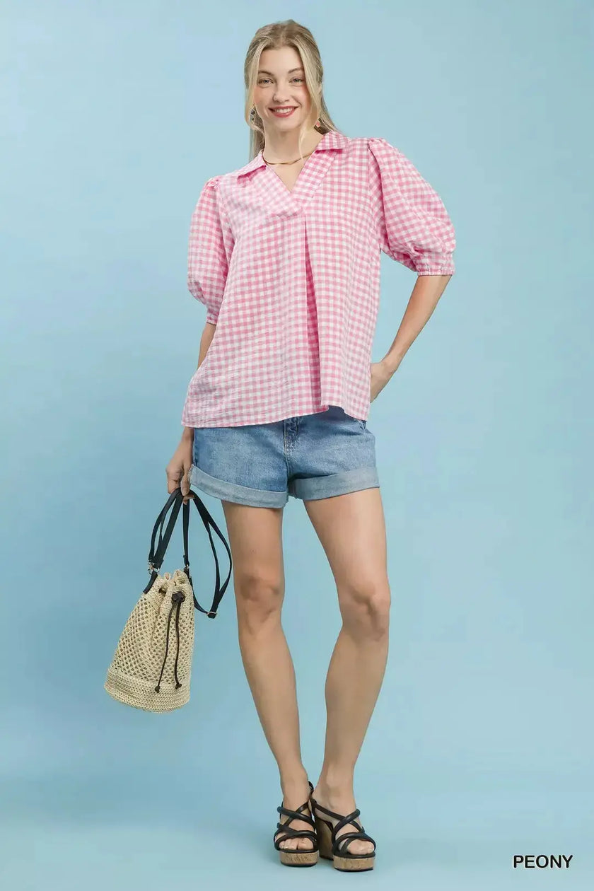 Umgee Gingham Puff Sleeve Collared Blouse  Style Ratio