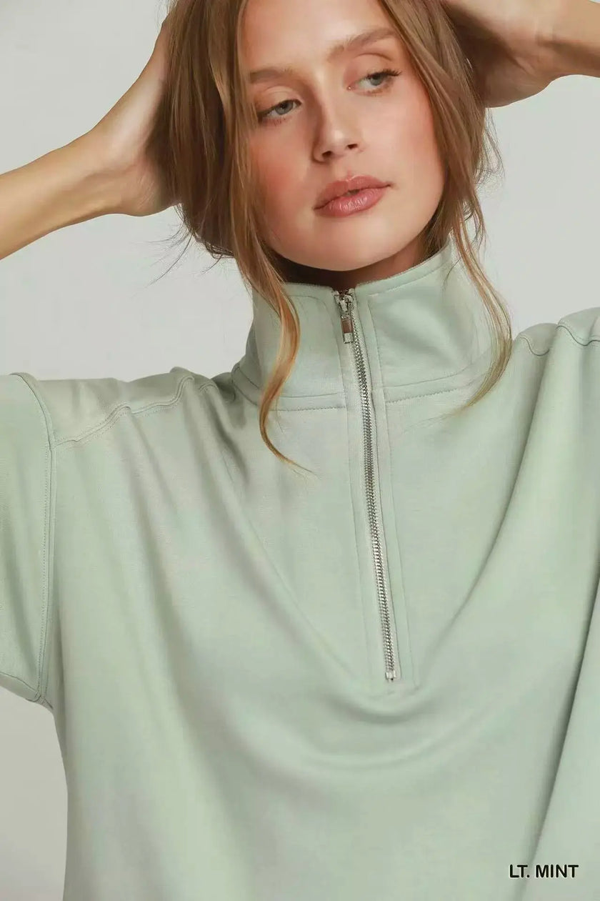Umgee Half Zip Pullover with Scalloped Edge Hem  Style Ratio