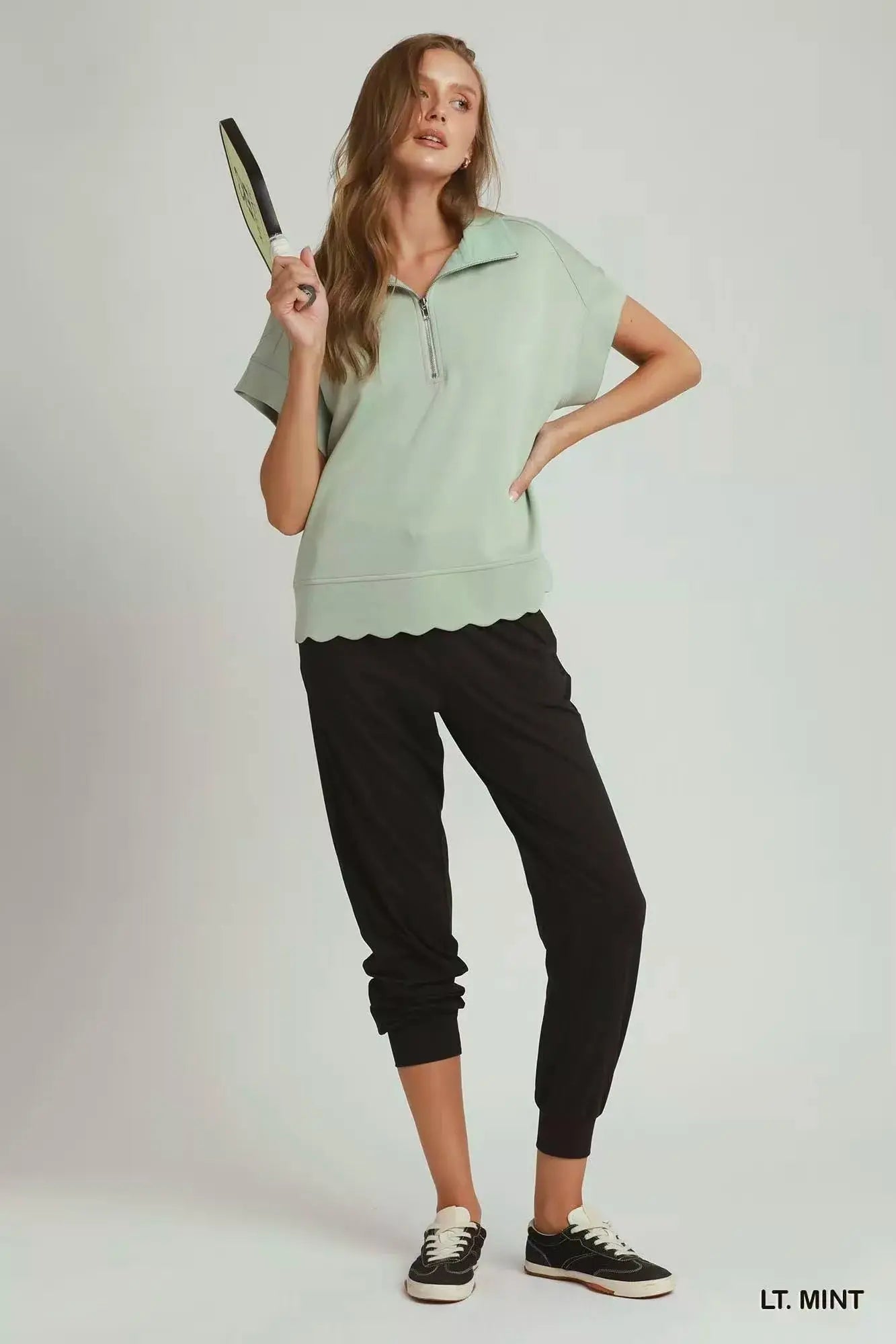 Umgee Half Zip Pullover with Scalloped Edge Hem  Style Ratio