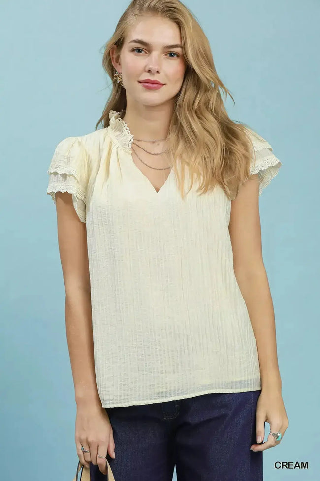 Umgee Lace Trim Ruffle Top  Style Ratio