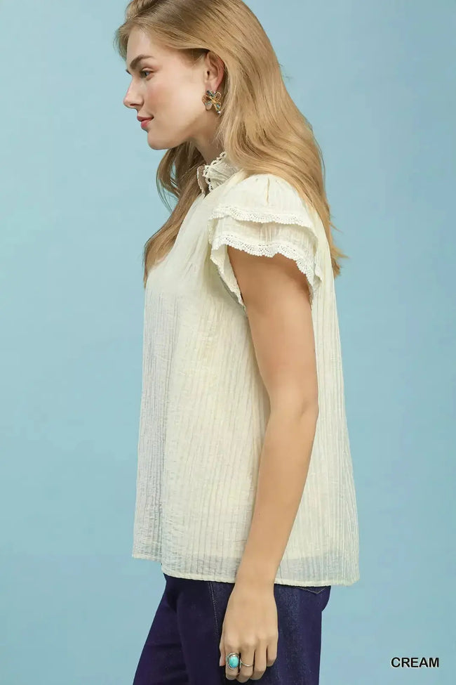 Umgee Lace Trim Ruffle Top  Style Ratio