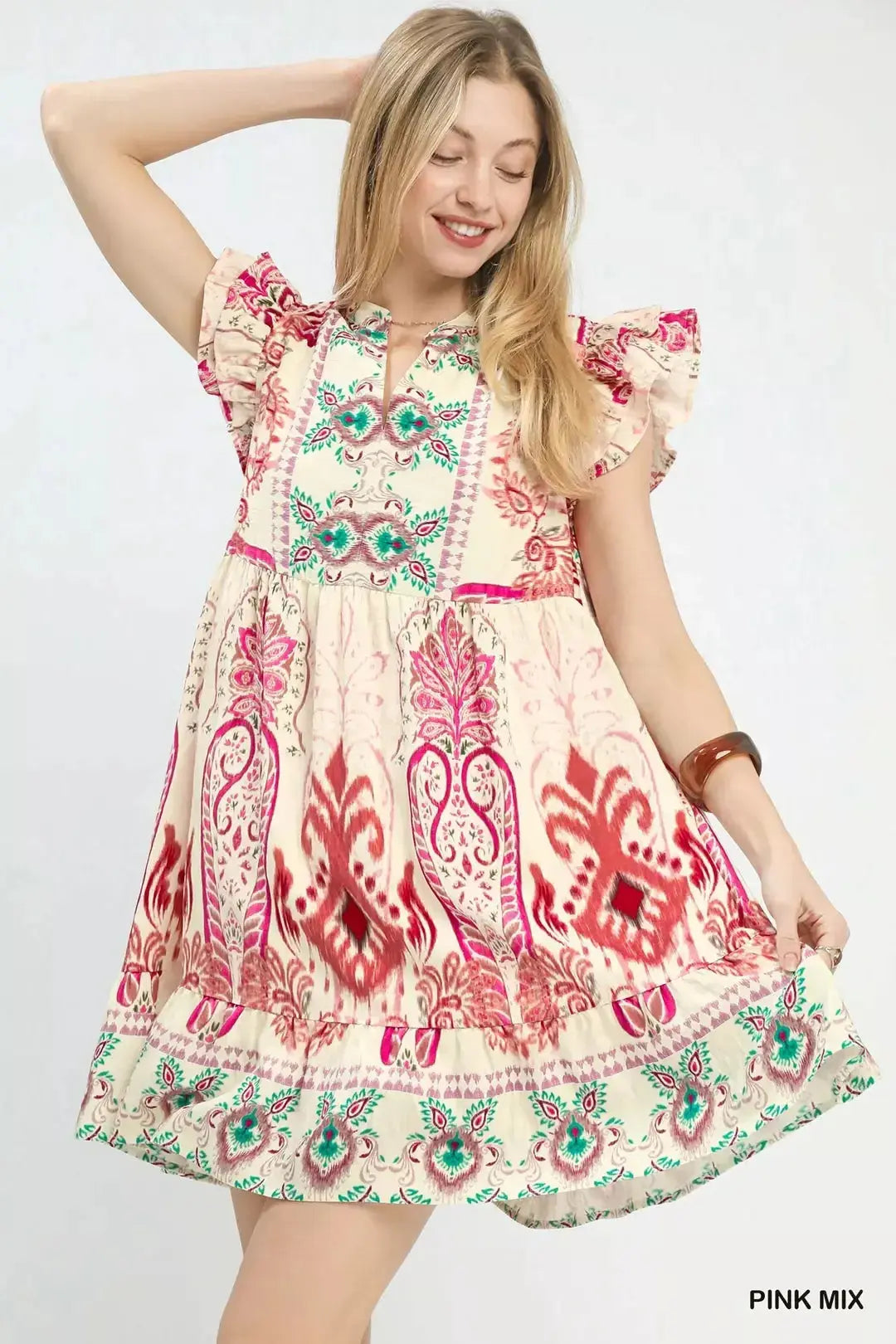 Umgee Mix Ruffle Sleeve Boho Print Dress  Style Ratio