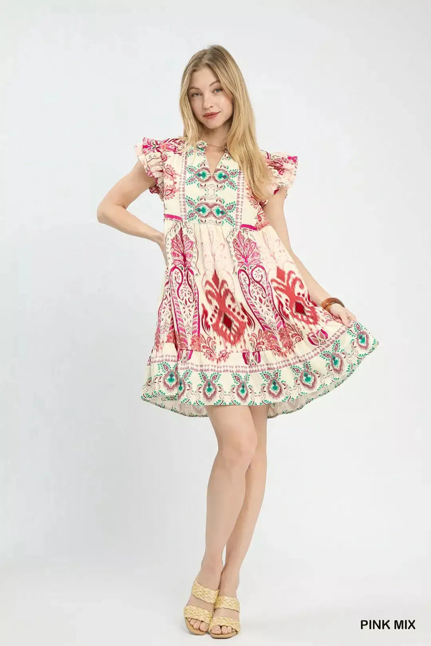 Umgee Mix Ruffle Sleeve Boho Print Dress  Style Ratio