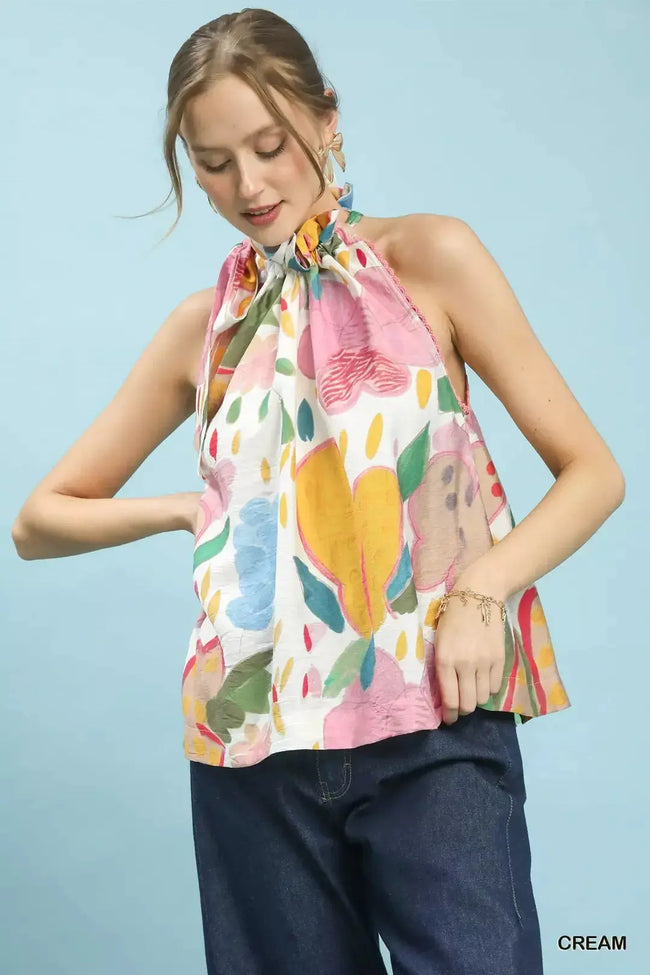 Umgee Multi-Color Floral Halter Neck Boho Top  Style Ratio
