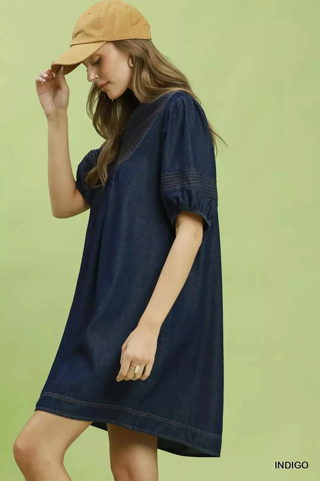 Umgee Notched Puff Sleeve Mini Dress with Pockets  Style Ratio