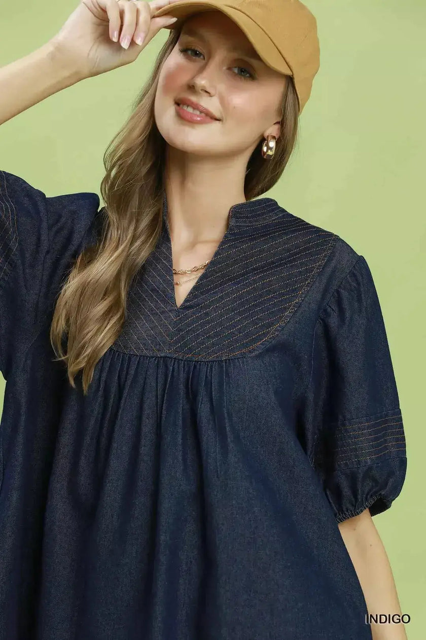 Umgee Notched Puff Sleeve Mini Dress with Pockets  Style Ratio