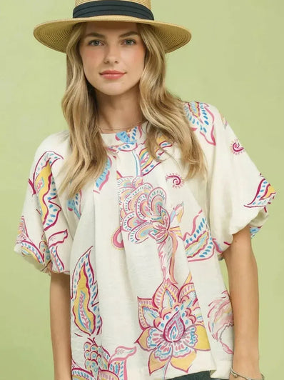 Umgee Paisley Print Puff Sleeve Top  Style Ratio