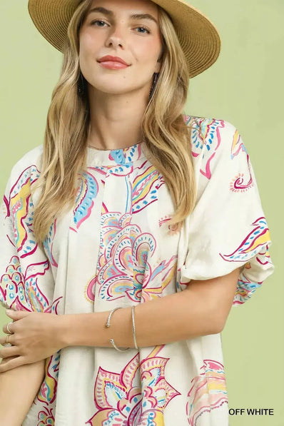 Umgee Paisley Print Puff Sleeve Top  Style Ratio