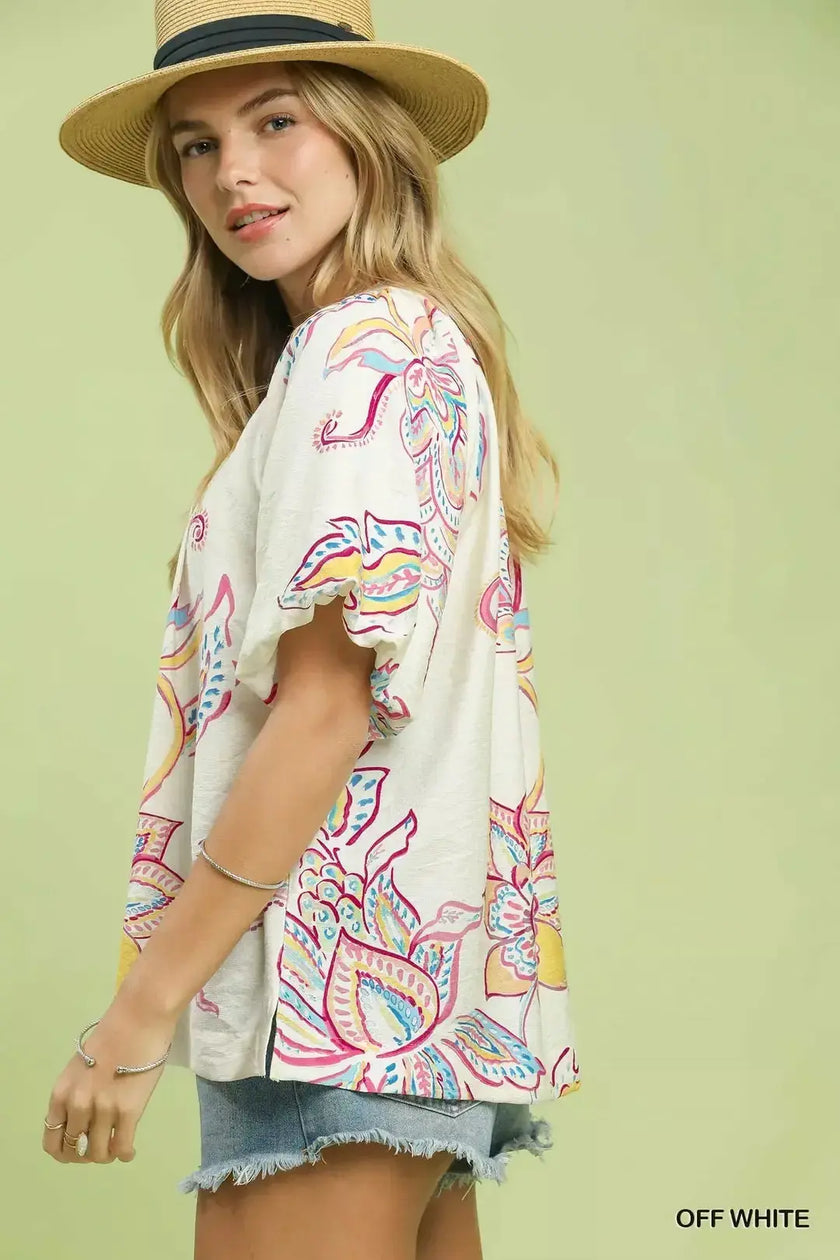 Umgee Paisley Print Puff Sleeve Top  Style Ratio
