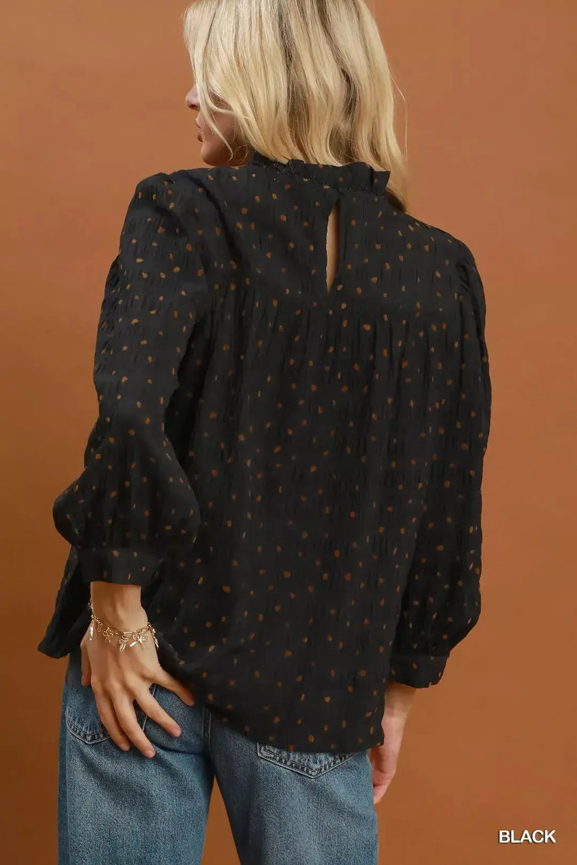 Umgee Polka Dot Smocked Detail Puff Sleeve Blouse  Style Ratio