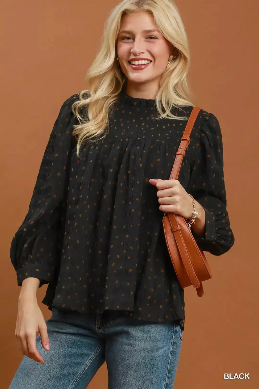 Umgee Polka Dot Smocked Detail Puff Sleeve Blouse  Style Ratio