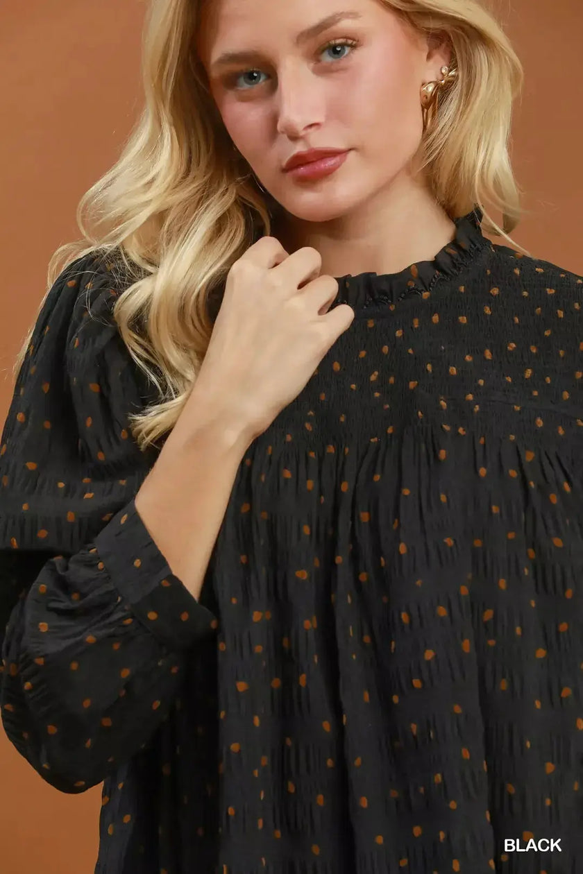 Umgee Polka Dot Smocked Detail Puff Sleeve Blouse  Style Ratio