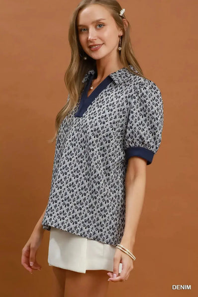 Umgee Printed Collared Puff Sleeve Top  Style Ratio