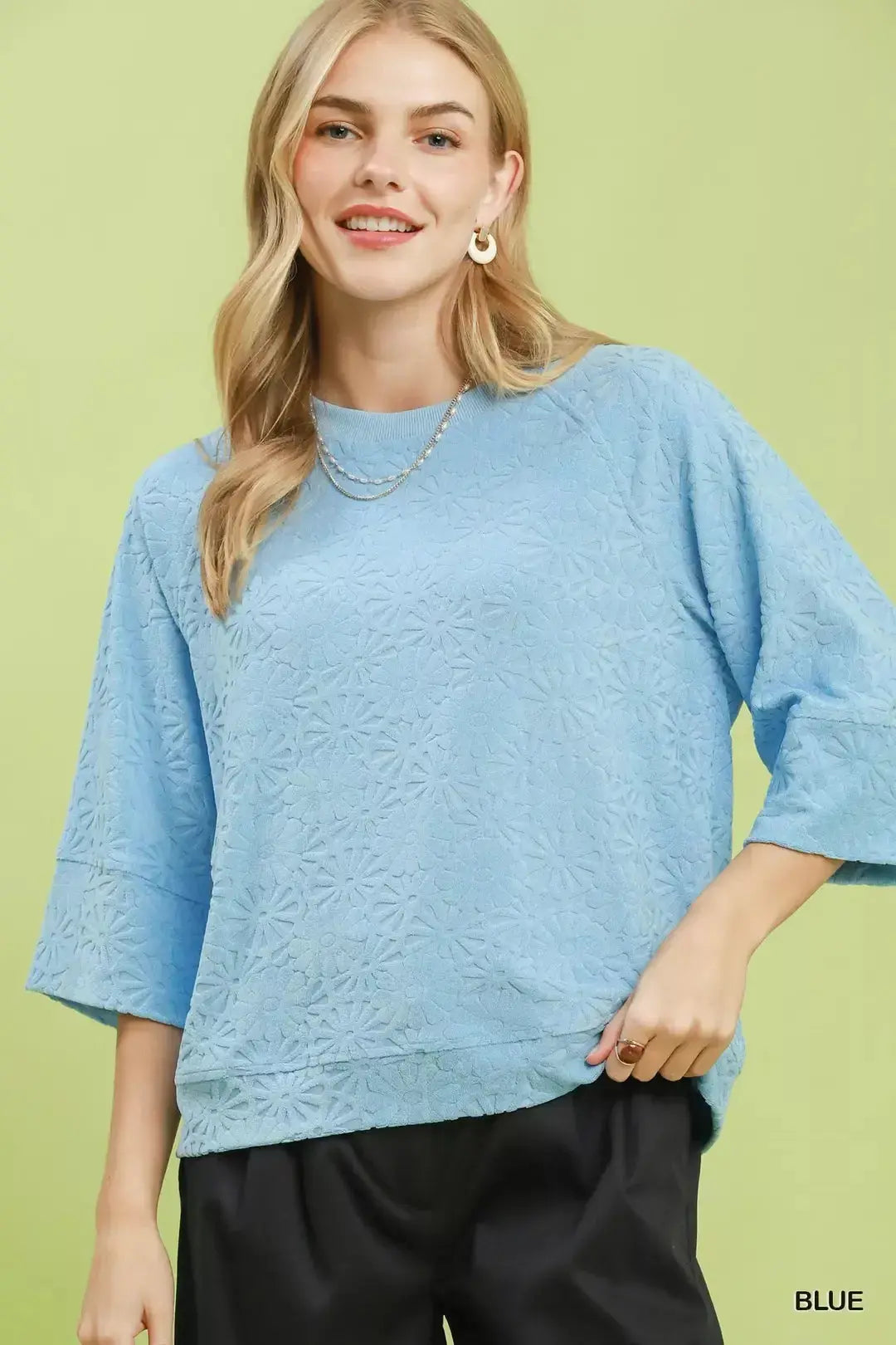 Umgee Round Neck Textured Floral Terry Blouse  Style Ratio