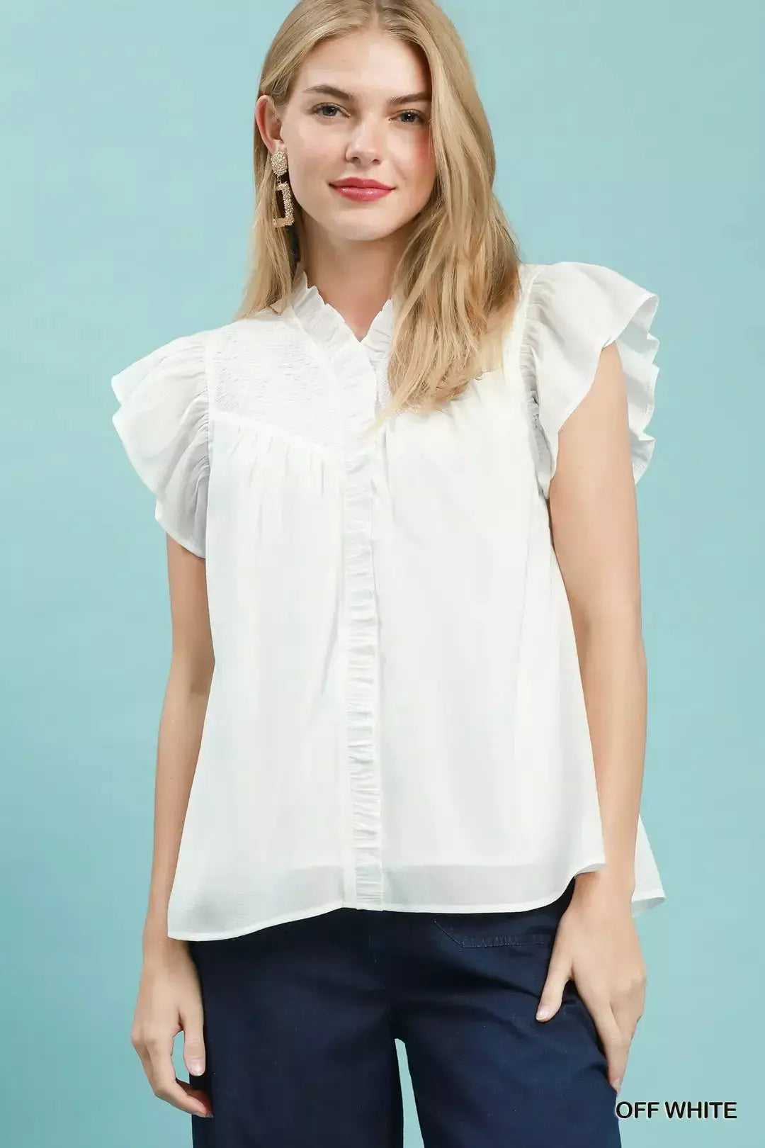 Umgee Smocked Yoke Ruffle Sleeve Blouse  Style Ratio