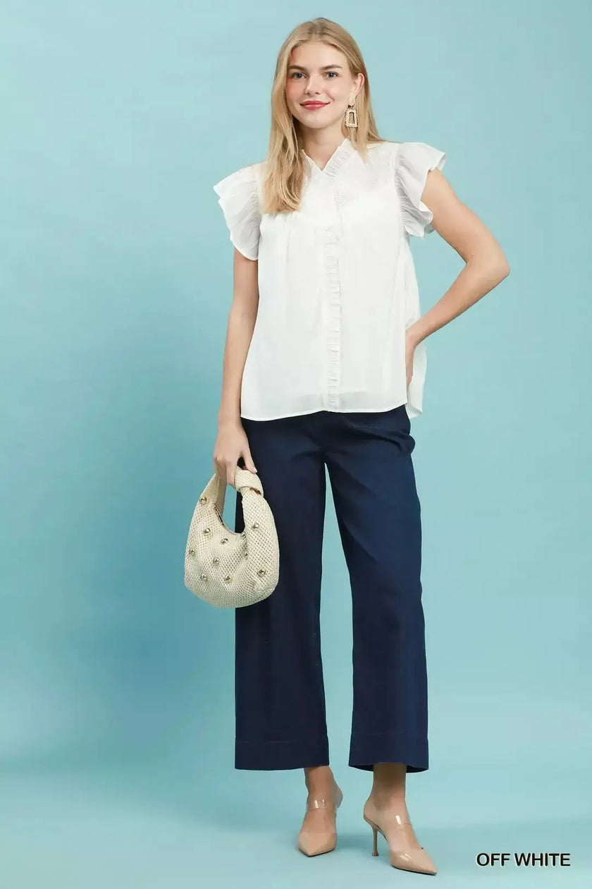 Umgee Smocked Yoke Ruffle Sleeve Blouse  Style Ratio