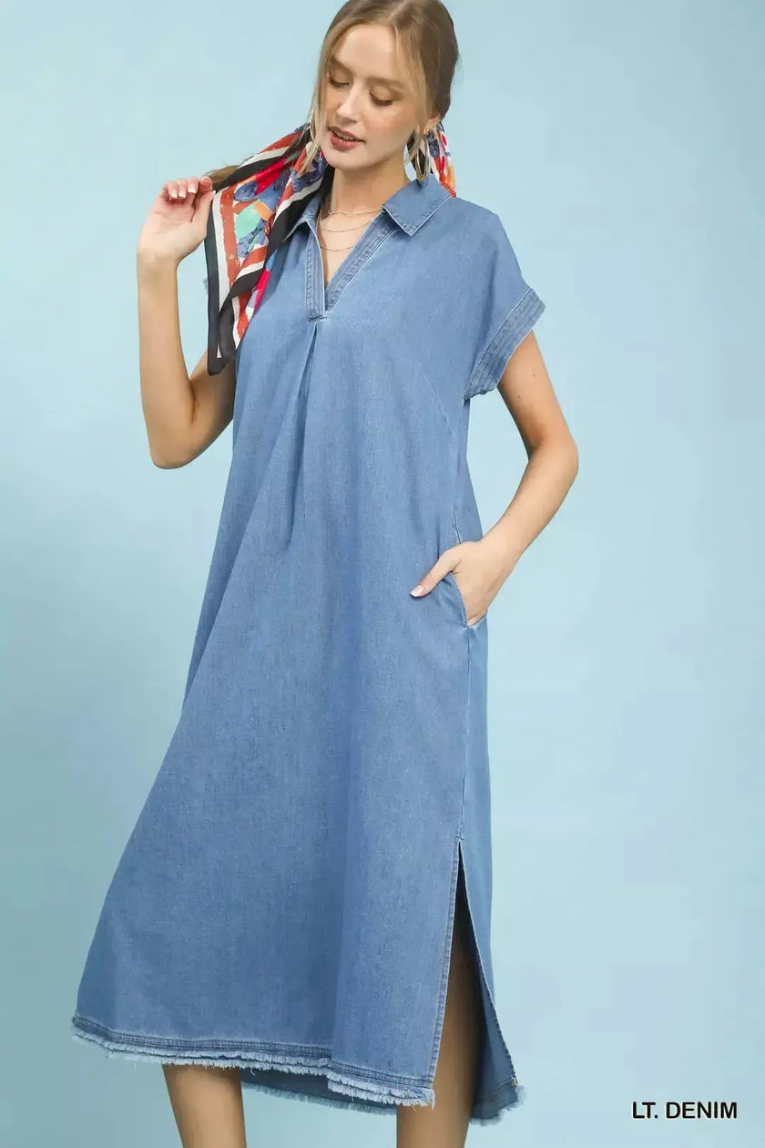 Umgee Stone Washed Collared Denim Midi Dress  Style Ratio