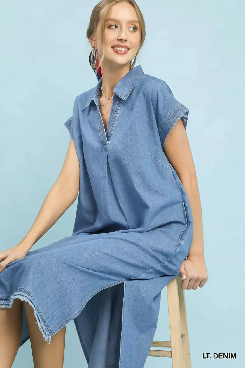 Umgee Stone Washed Collared Denim Midi Dress  Style Ratio