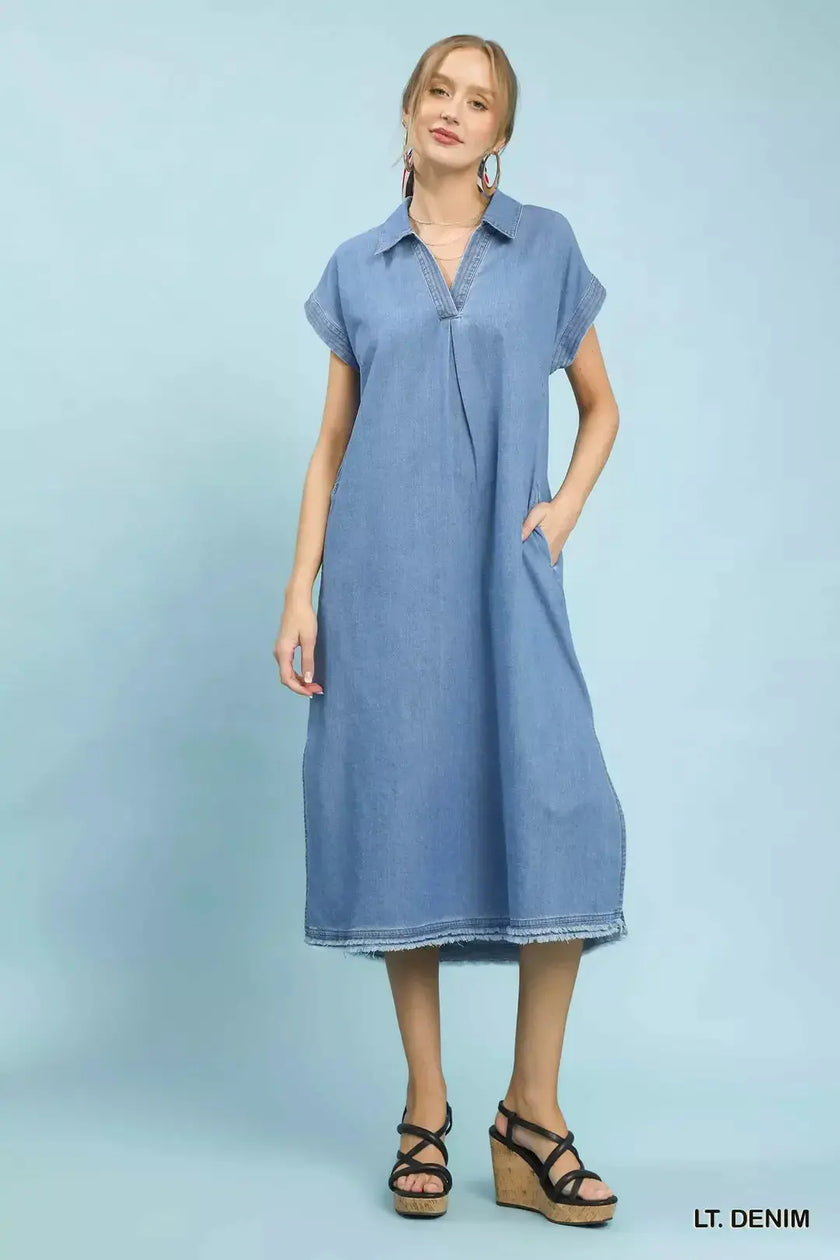 Umgee Stone Washed Collared Denim Midi Dress  Style Ratio
