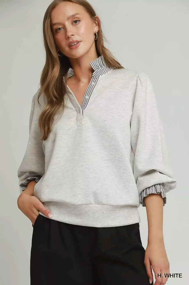 Umgee Stripe Ruffle Neck Long Sleeve Top  Style Ratio