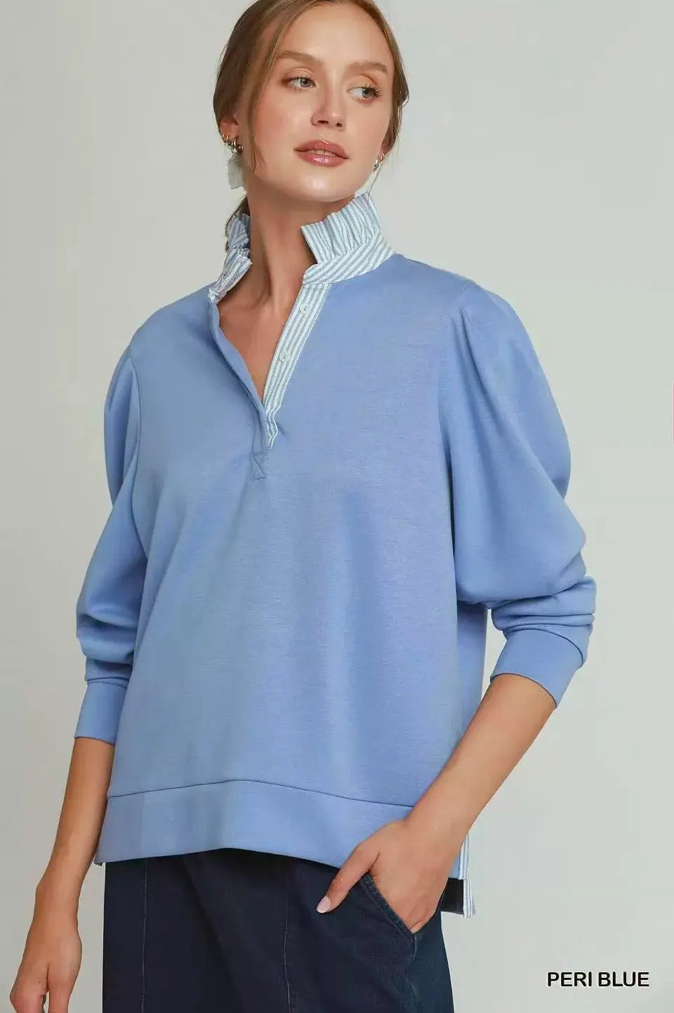 Umgee Stripe Ruffle Neck Long Sleeve Top  Style Ratio
