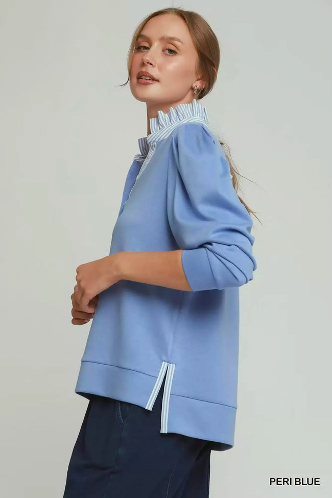 Umgee Stripe Ruffle Neck Long Sleeve Top  Style Ratio
