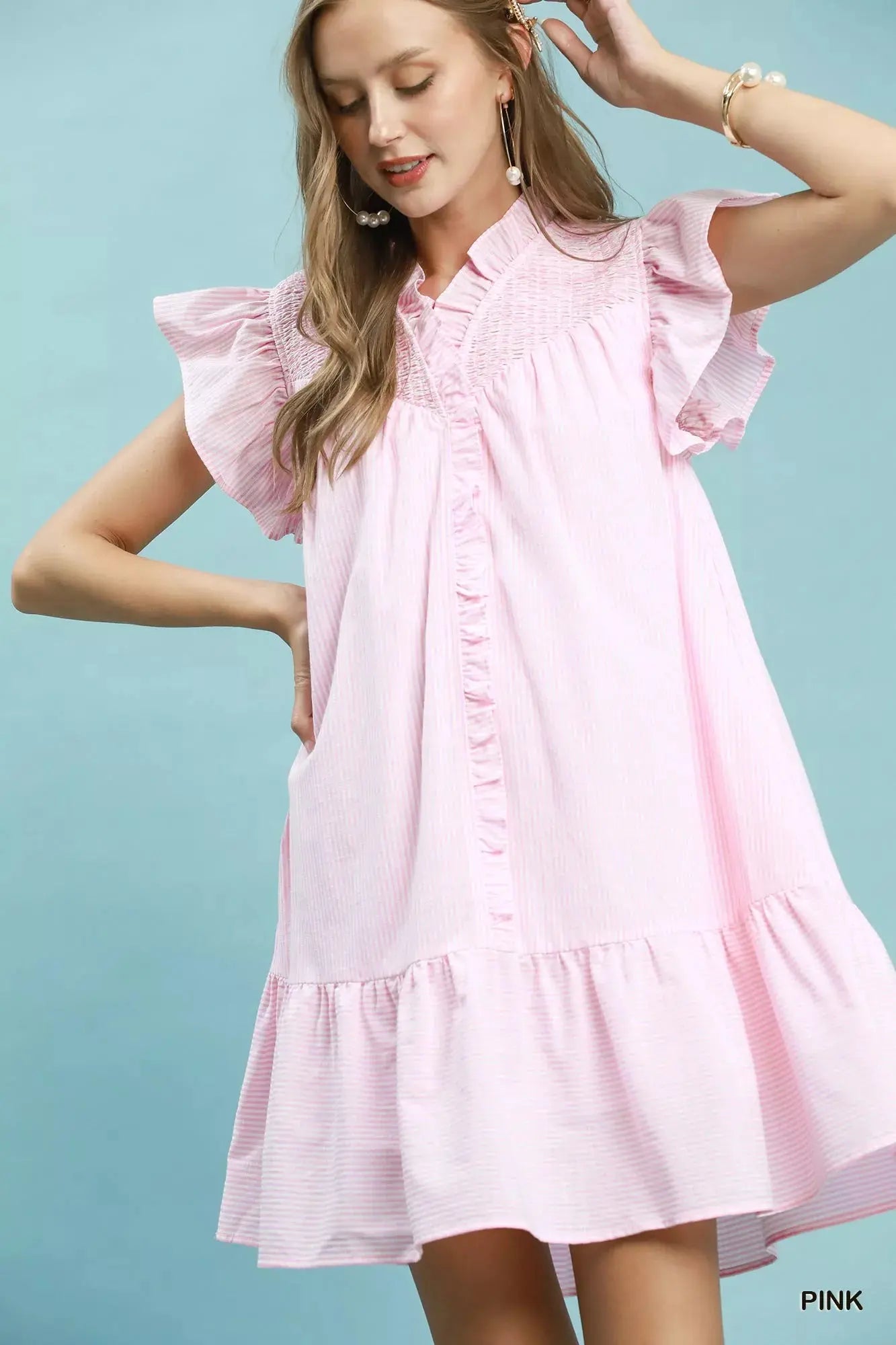 Umgee Stripe Smocked Yoke Ruffle Dress  Style Ratio