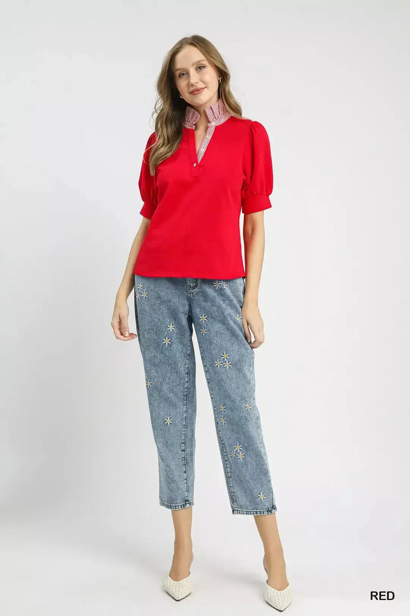 Umgee Striped Collar Popover Top  Style Ratio