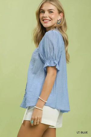 Umgee Textured Button-Front Puff Sleeve Top  Style Ratio