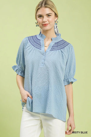 Umgee Textured Henley Blouse with Ruffle Cuffs  Style Ratio