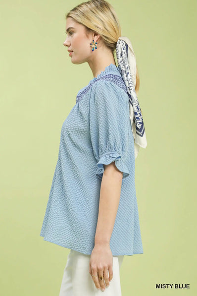 Umgee Textured Henley Blouse with Ruffle Cuffs  Style Ratio