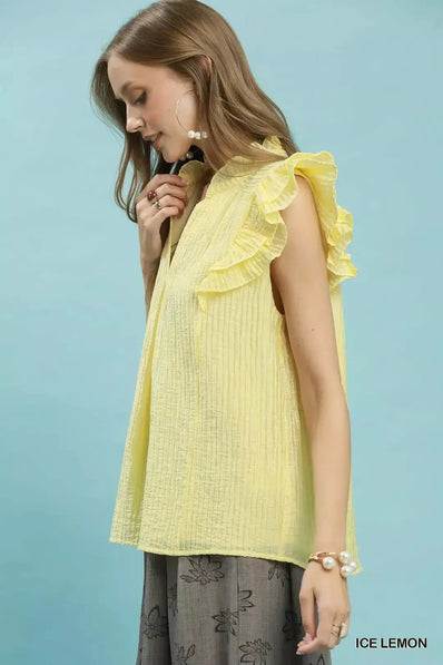 Umgee Textured Ruffle Sleeve Split V Neck Top  Style Ratio