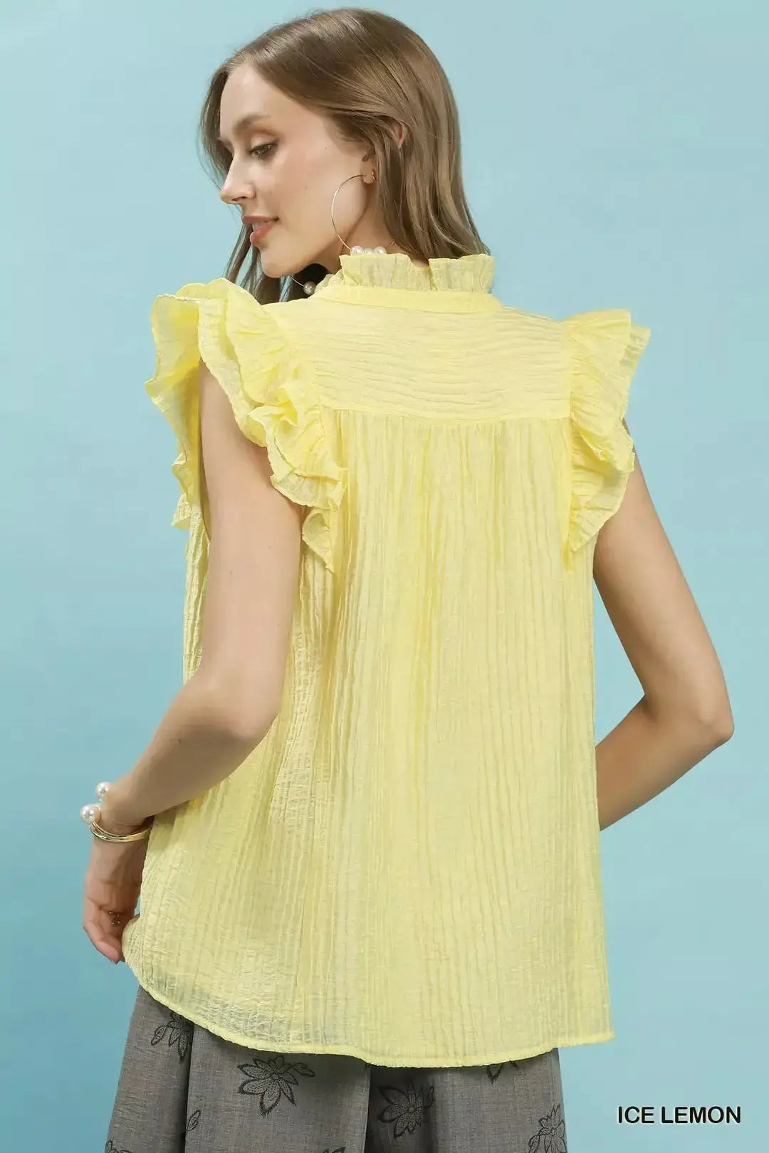 Umgee Textured Ruffle Sleeve Split V Neck Top  Style Ratio